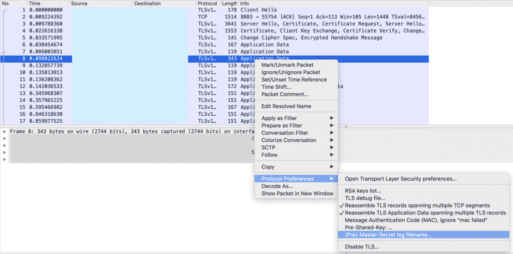 Wireshark Packet Capturing Interface showing AWS trafffic