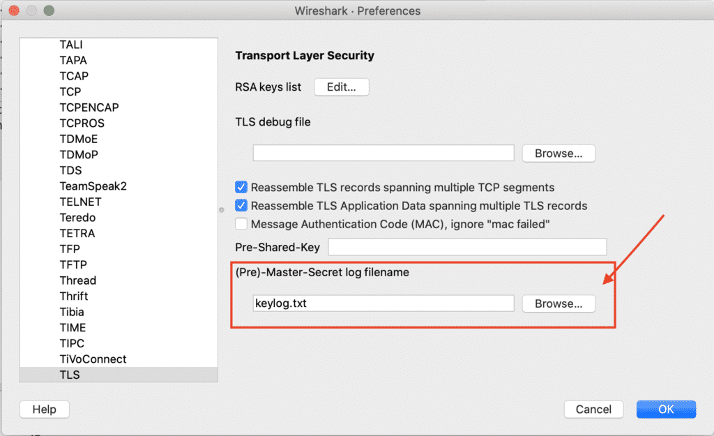 Wireshark TLS protocol settings for AWS keylog.txt